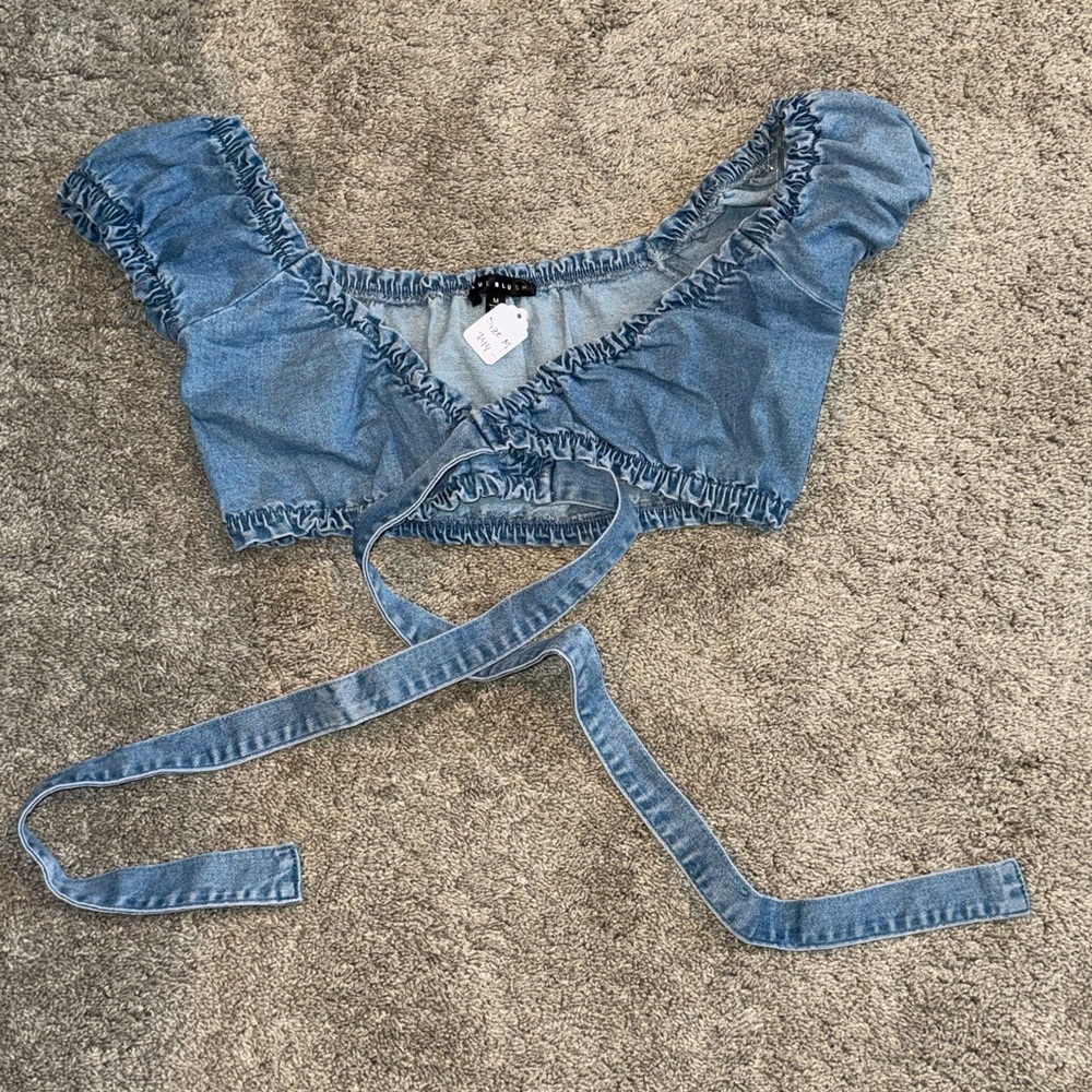 Blue Blush Jean Tie Puff Shoulder Top